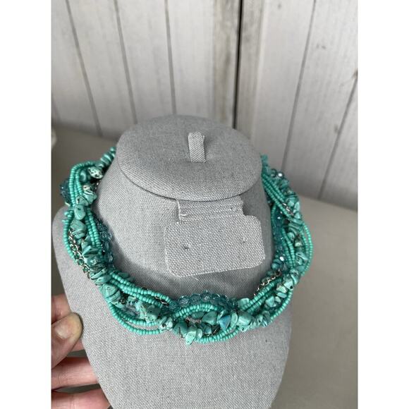 Turquoise Beaded Twisted Multi Strand Choker Short Boho Necklace - Picture 2 of 4